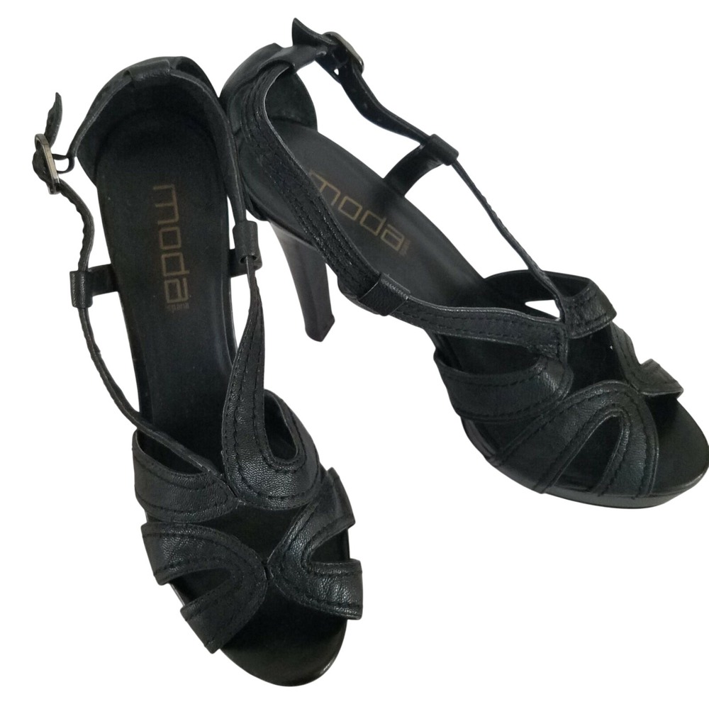 Moda Spana Black Leather Strappy Platform Heel Sandals 9.5 Goth Minimalist Party